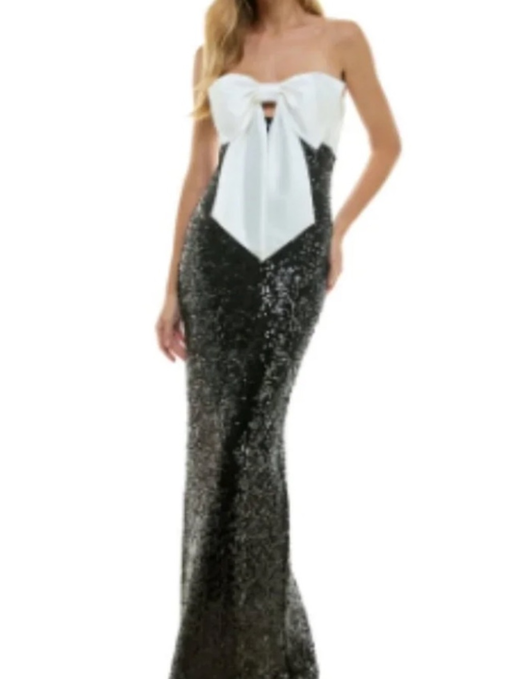 CITY STUDIO - Strapless Black Sequin Formal Gown w/ Oversized White Bow - 11/12